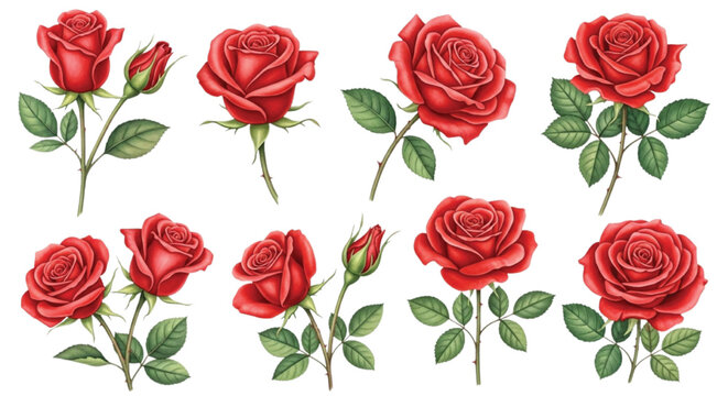 Realistic Red Rose Flowers Botanical Illustration Set Isolated