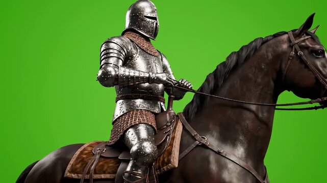 Isolated 3D render of an empty, highly textured suit of armor mounted on a rearing horse against a perfectly clean green screen background dynamic movement, visual effects, stock footage