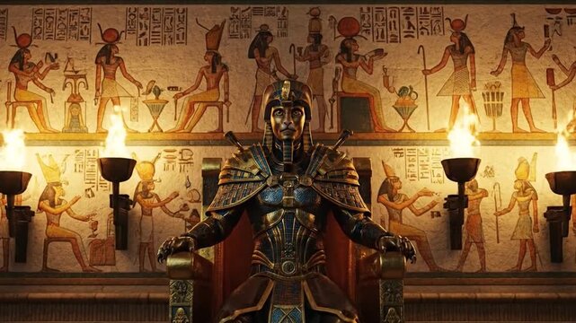 Egyptian cat wearing gold jewelry sitting on a royal throne