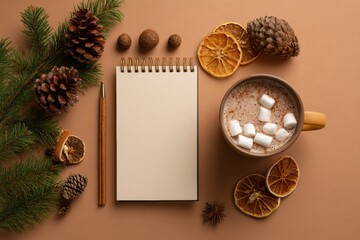 Flat Lay Autumn Scene with Notebook and Hot Cocoa