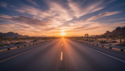 An open road stretches towards a brilliant sunset in a desert landscape with scattered plants