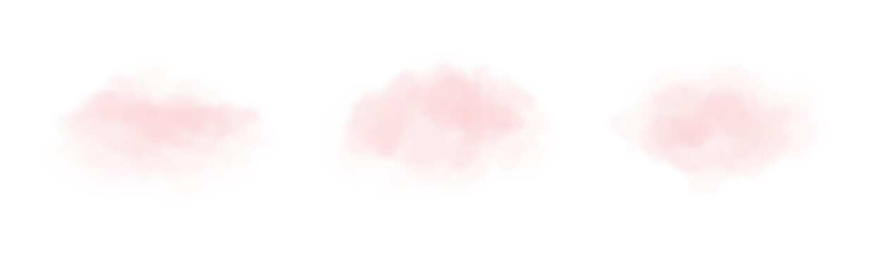Realistic fluffy pink clouds set. Soft pink clouds isolated on white background. Pink dreamy elements for romantic Valentine design. Transparent soft gradients.