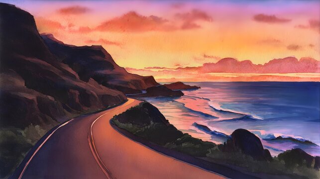 Serene coastal road illustration sunset ocean cliffs warm light perspective tranquil landscape art