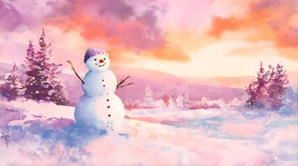 Fototapeta premium Classic Snowman Illustration Winter Sunset Landscape Cheerful Festive Scene Artistic Watercolor Painting
