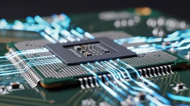 Extreme macro close-up of green circuit board with central black chip and glowing blue traces. Static sequence revealing intricate electronic wiring patterns in high detail. Technology hardware and