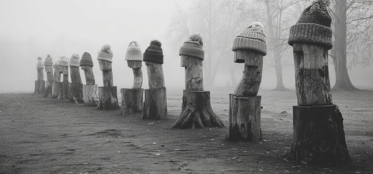 Una hilera de tocones de &aacute;rboles cubiertos de sombreros en un paisaje brumoso.