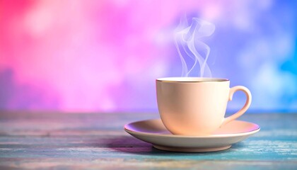 Obraz premium Steaming Hot Coffee Cup on Rustic Wooden Table with Vibrant Pink and Blue Bokeh Background, Morning Caffeine Breakfast Concept, Cozy Drink Presentation for Cafe and Restaurant Branding