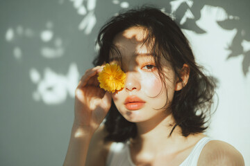 Natural beauty portrait of young woman with flower in soft sunlight