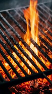 Close-up shot of a grill grate heating up over intensely glowing embers and vibrant orange flames. Wisps of smoke rise from the hot, charred metal bars, signifying readiness for outdoor cooking. The d