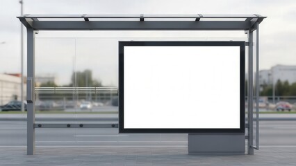 Obraz premium Modern bus stop shelter with blank advertising frame.