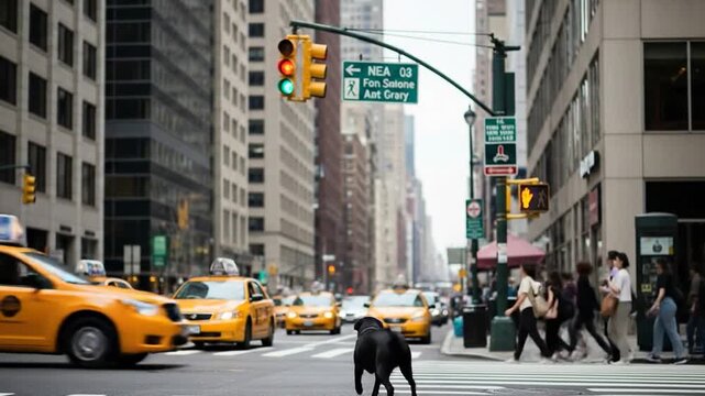 Black Labrador dog waits at city street crosswalk
