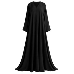 Long black dress with V-neck and flowing sleeves for fashion and clothing branding, isolated on white background