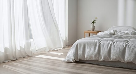 Minimal bedroom corner with white curtains