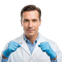 Male doctor or scientist wearing blue gloves holding test tube, isolated on white background