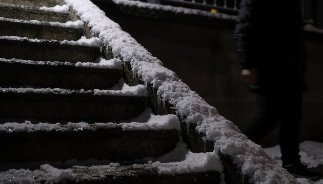 Una fotograf&iacute;a que captura la belleza silenciosa de unos escalones cubiertos de nieve bajo la luz tenue de la noche.