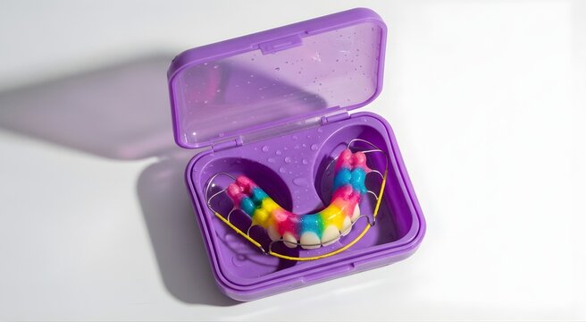 Open purple retainer case with colorful rainbow glitter orthodontic retainers and water droplets, dental care