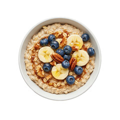 Delicious oatmeal with banana, blueberries, and nuts in a bowl, isolated on white background