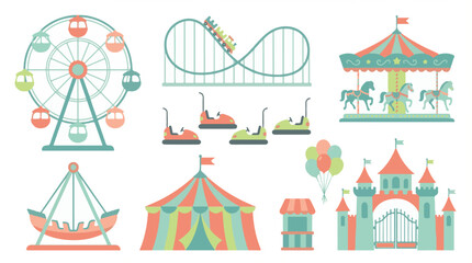 Amusement park rides and fairground attractions vector illustration set