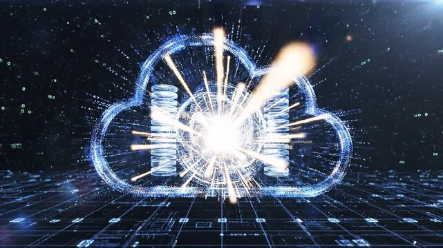 Cloud computing concept featuring a digital cloud animation with dynamic data flow. Futuristic technology, data storage, and network infrastructure visualized in 4K resolution.