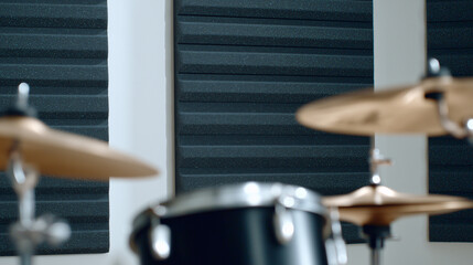 Portion of a drum kit showing cymbals and stands studio shoot of musical equipment.