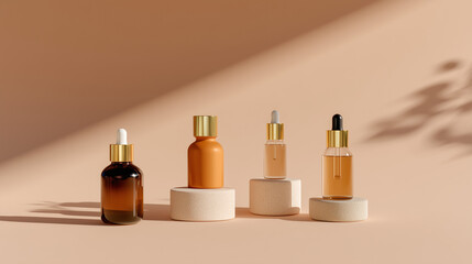 Set of cosmetic dropper bottles on pedestals premium presentation of a product line for a brand.
