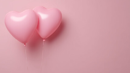 Two pink heart shaped balloons on a plain background romantic decorative scene.
