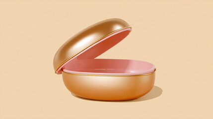 Rose gold cosmetic jar with open lid on a pastel background brand friendly beauty product shot.