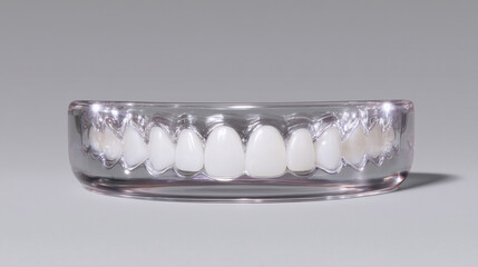 Clear dental aligner in a tray demonstrative presentation for orthodontic use.
