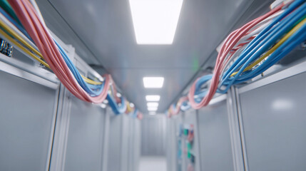 Ceiling cable tray with neatly routed multicolored cables in a technical corridor.
