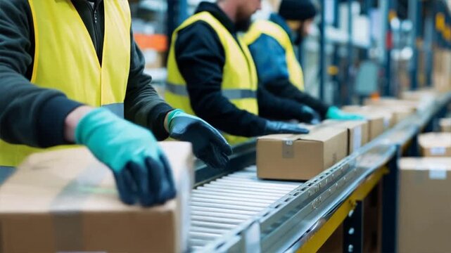 Workers in safety vests efficiently handling packages on a conveyor belt in a modern warehouse.