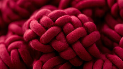 Close up of chunky red knit pattern with thick yarn monolithic texture for textile and interior projects.