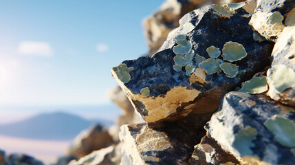 Rocky shore with lichens in a mountain landscape soft background and geological texture for nature topics.

