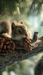 Obraz premium Una ardilla curiosa observa su teléfono móvil sobre una rama, rodeada de piñas.