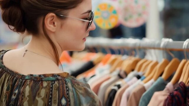 A stylish woman wearing sunglasses browses through clothes in a vibrant market, showcasing modern fashion trends.