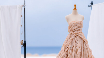 Mannequin in a voluminous dress staged against a seaside backdrop a studio fashion presentation of an elegant look.
