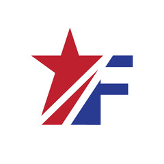 this is a flat logo design that depicts an initial F in combination with a star shape and a single line in dark red and blue color that looks clean on a white background 	