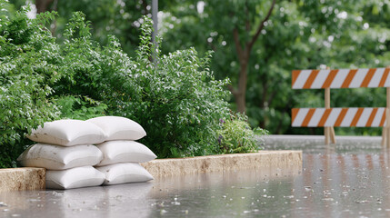 Stack of sandbags at a barricade and a partially flooded road emphasizing local protection and street infrastructure.