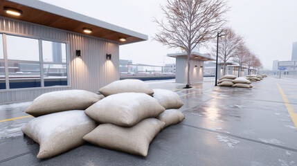 Empty urban plaza with neatly stacked sandbags prepared for potential flooding or protection in an open space.
