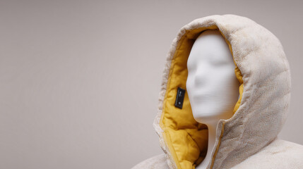 Mannequin in a beige hooded coat with contrasting inner lining in a studio portrait emphasizing silhouette and material.