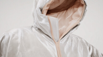 Glossy hooded jacket close up fashion fragment lacquered material texture