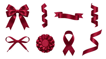 Red satin ribbon set including bows, spirals, banners, rosette, and awareness loop isolated. Holiday decoration and gift wrapping elements.