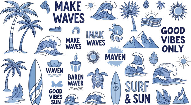 Surfing and beach themed illustrations with inspirational quotes