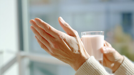 Hands hold a mug with a warm drink by the window morning cozy moment