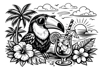 Obraz premium Hand drawn line art illustration of a toucan wearing sunglasses depicting a tropical summer beach scene for holiday advertising