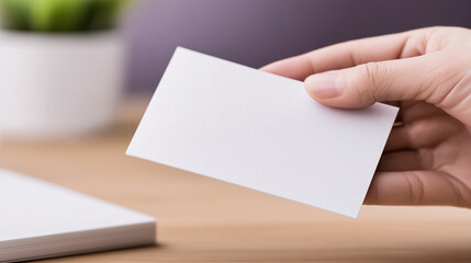 Obraz premium hand offers a blank business card business object for contact and branding