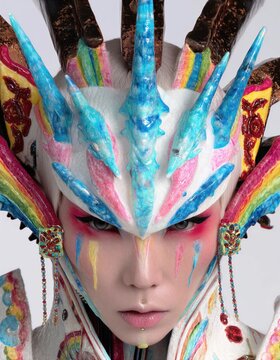 Retrato de una figura andr&oacute;gina con maquillaje y vestuario extravagantes, evocando una deidad mitol&oacute;gica.