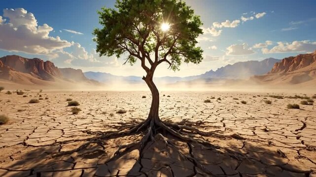 Resilient tree stands alone in a parched desert landscape, symbolizing hope and survival.