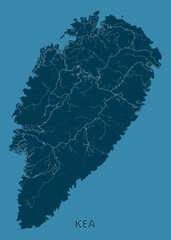 Map of Kea Island, rendered in shades of blue. The island's topography is highlighted with darker blue for land and lighter blue lines indicating rivers or streams.