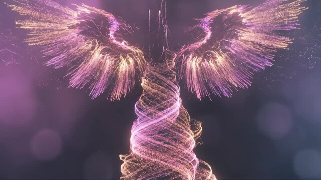 Animated phoenix emerging with dna helix. Glowing wings unfurling in mystical transformation. Abstract fusion of mythology and genetic science in ethereal sequence