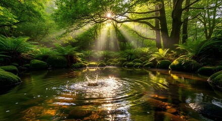 Obraz premium Serene forest stream in lush greenery with soft sunlight and gentle ripples for nature wallpaper World Water Day